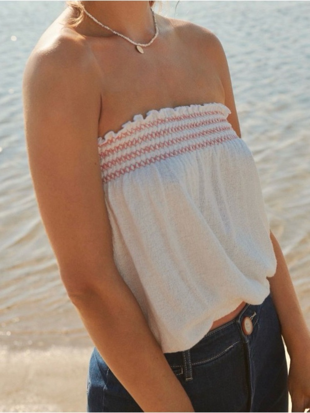 Anthropologie’s T.La Cream Cotton Tube Top with Pink Trim, Size Large